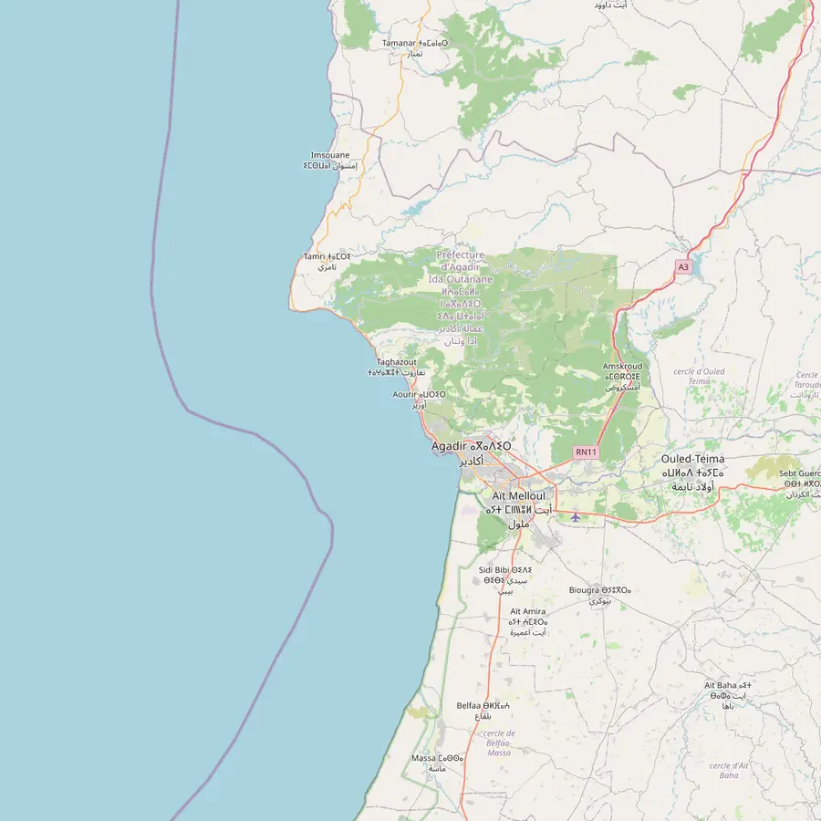 Map of the coast around Agadir from Tifnit and Sidi Toual in the south to Taghazout, Tamri and the Timlalin dunes in the north