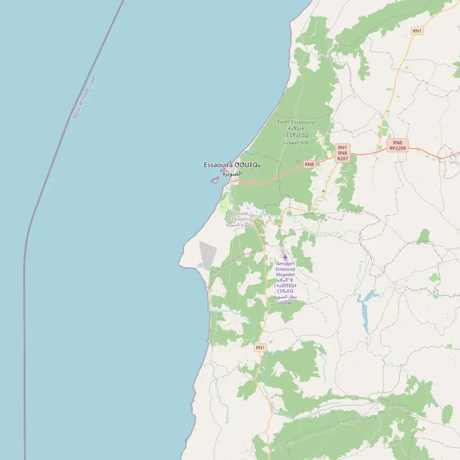 Map of the coast south of Essaouira with Diabat, El Ghazoua and Sidi Kaouki