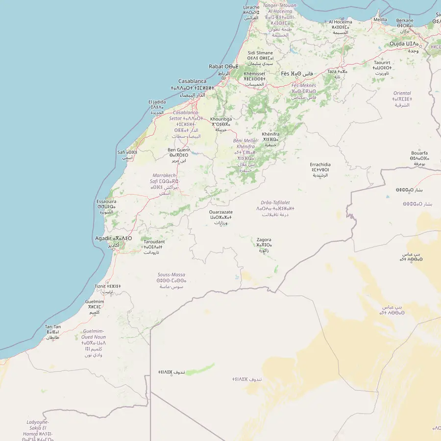 Map of Morocco with Marrakech, Agadir, Essaouira, the Timlalin dunes on the Atlantic coast and the Erg Chebbi sand sea near the Algerian border